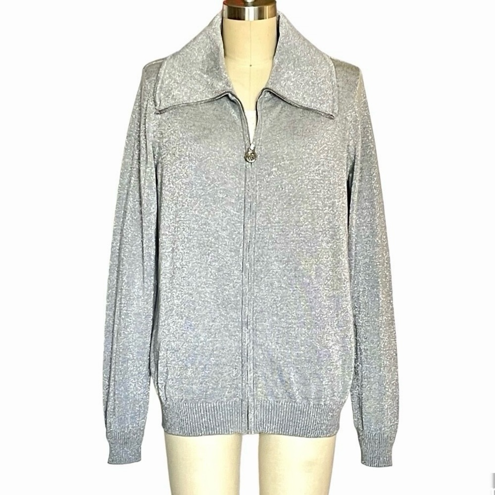 Like New Michael Kors Metallic Knit Zip-up Cardigan large silver gray collar